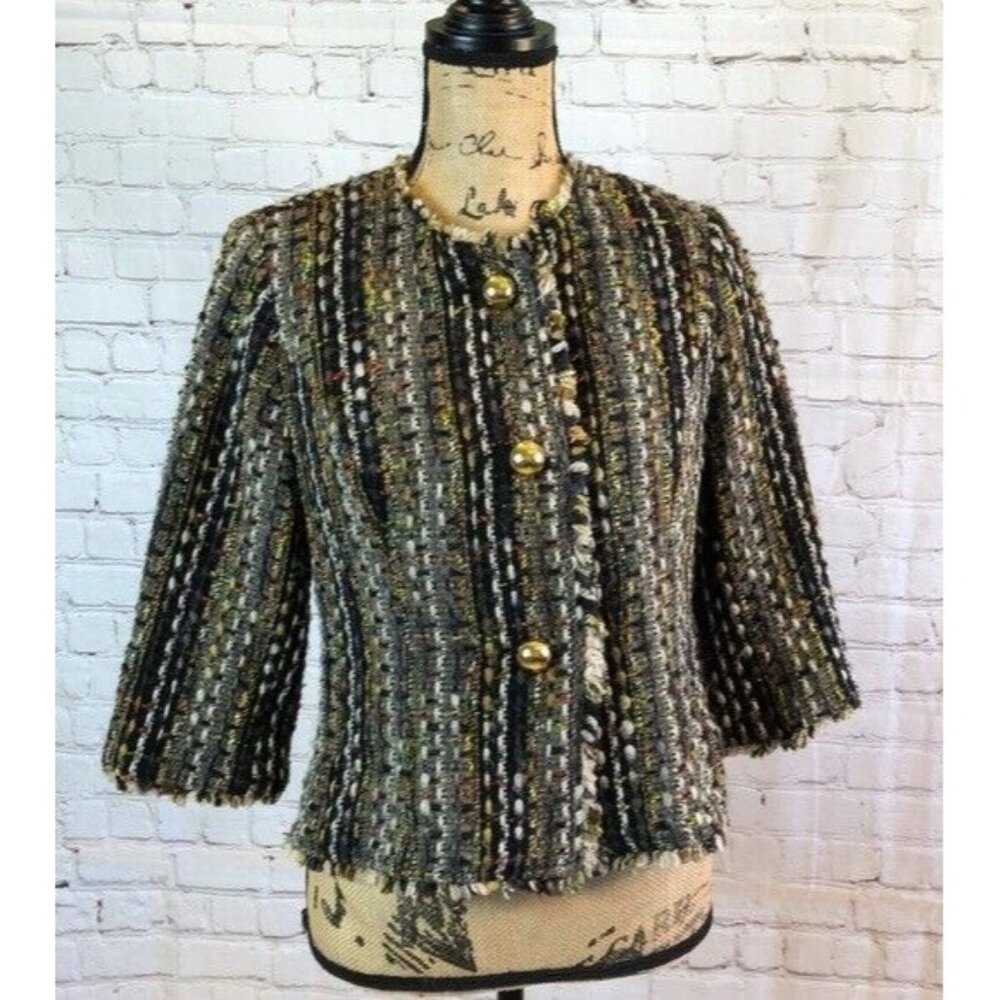 CAbi Jacket Brown Tan Nubby Tweed Big Gold Buttons Rough Edges Small